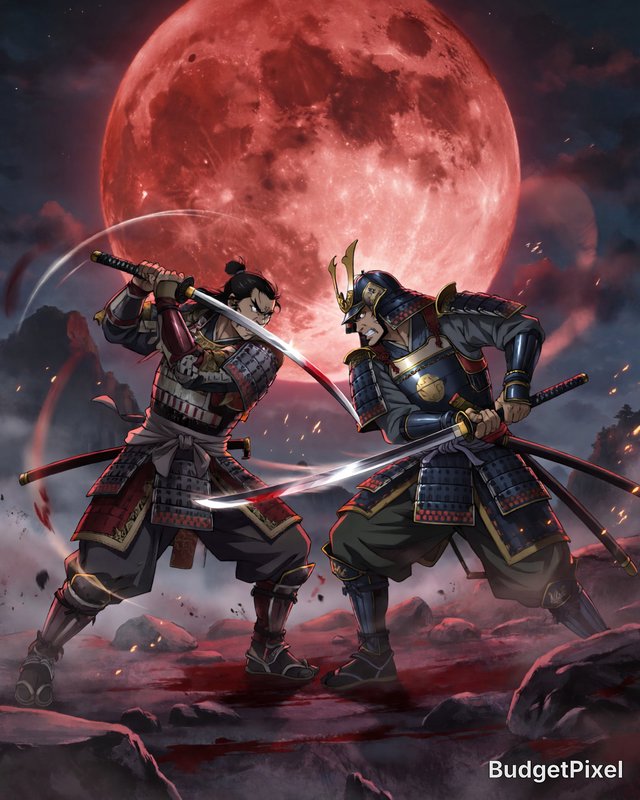 Anime illustration of two armored samurai clashing katanas mid-duel beneath a giant glowing red b...