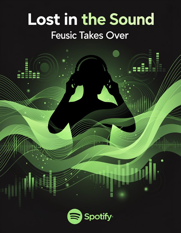 Spotify "Lost in the Sound" promo art: silhouetted headphone listener surrounded by glowing green...