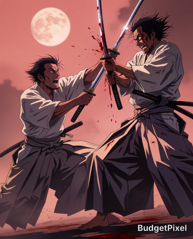 Anime style samurai duel, two fierce warriors clashing bloodied katanas under a full red moon sky.