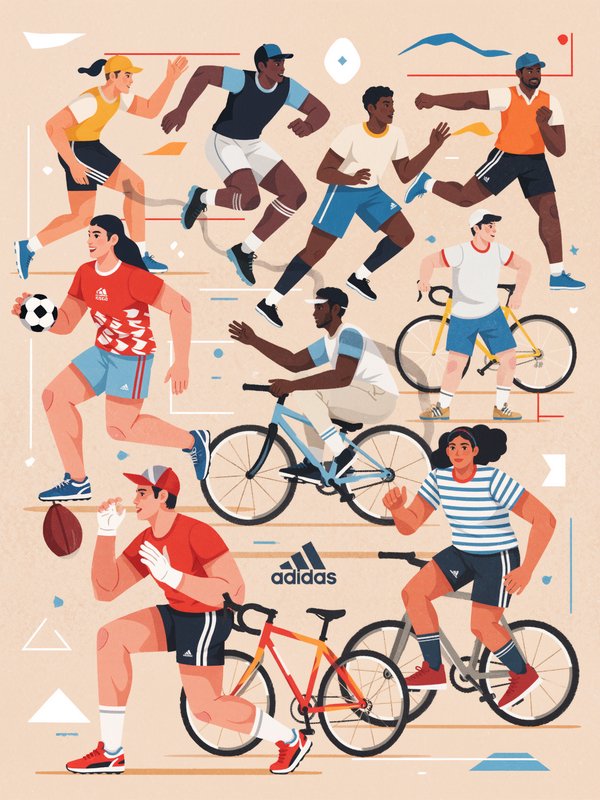 Flat vector illustration of diverse multi-sport athletes surrounding a central Adidas brand logo