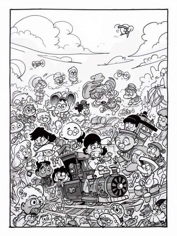 Black and white line art cartoon of a chaotic crowd of silly characters swarming a small amusemen...