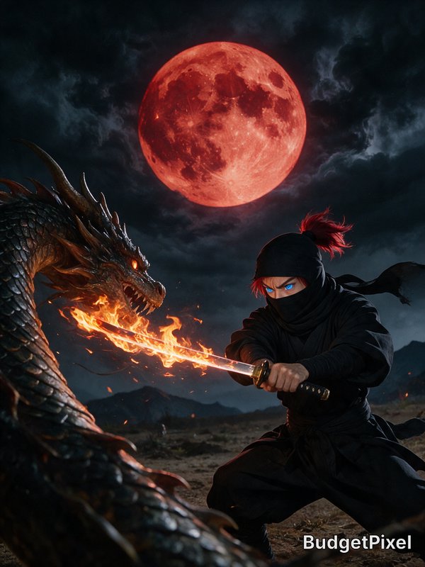 Masked red-haired ninja wields flaming katana facing a fire-breathing dragon under a glowing bloo...