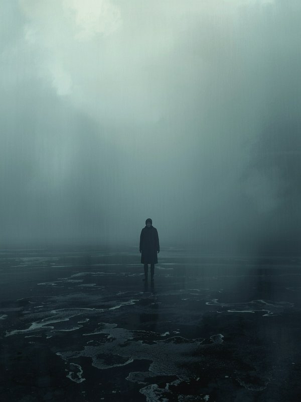 Solitary person in a long dark coat stands alone in thick fog on wet, puddle-strewn barren ground