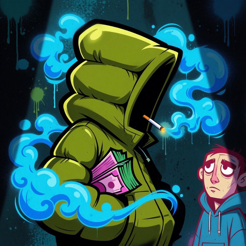 [Stylized cartoon mysterious hooded figure holding cash, exhaling bright blue smoke, standing next to a worried teen boy]