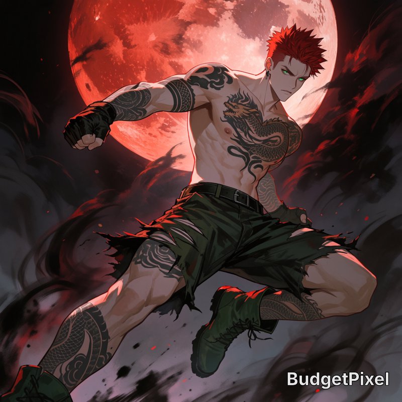 Muscular spiky red-haired tattooed anime male fighter mid-punch, posed against a glowing red bloo...