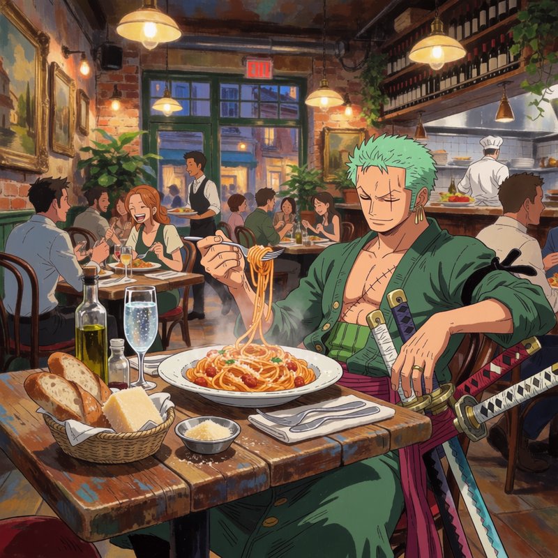 Anime illustration of Roronoa Zoro eating spaghetti at a cozy, busy rustic Italian restaurant