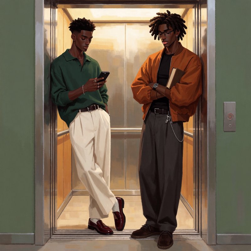 Two stylish young Black men stand casually in a warm-lit open elevator, one using a phone, the ot...