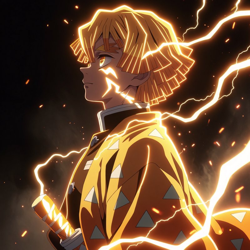 Profile view of Zenitsu Agatsuma from Demon Slayer wreathed in glowing golden lightning against a...