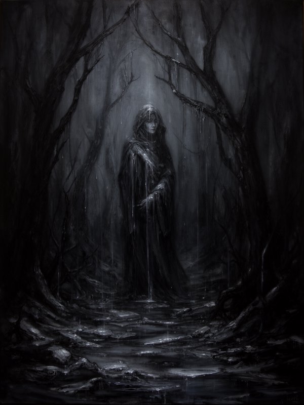 Monochrome gothic painting of a hooded spectral figure standing in a misty, rain-soaked dead fore...