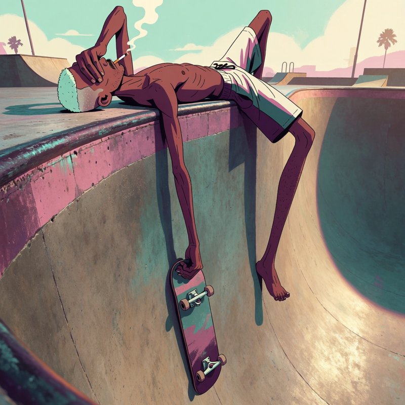 Stylized cartoon skateboarder lounges draped over a skatepark bowl edge, holding his skateboard o...