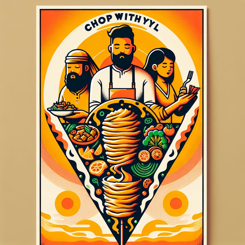 Retro graphic food poster, warm orange yellow palette, centered on a shawarma spit, three cooking...