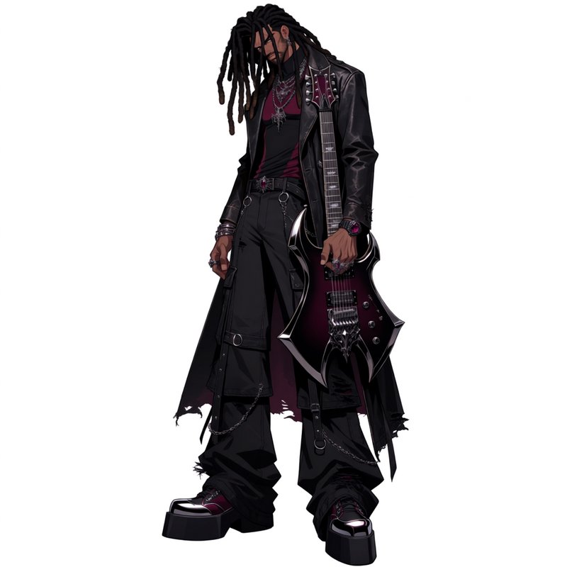 Brooding goth metal musician with dreadlocks holding a custom angular electric guitar, isolated o...