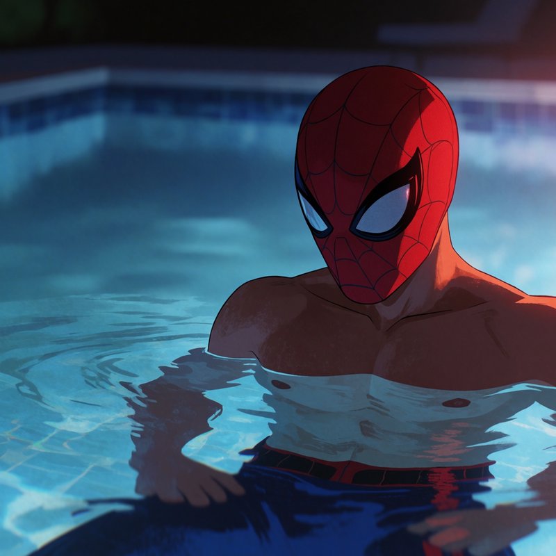 Shirtless Spider-Man in his classic red mask rests partially submerged in a rippling blue evening...