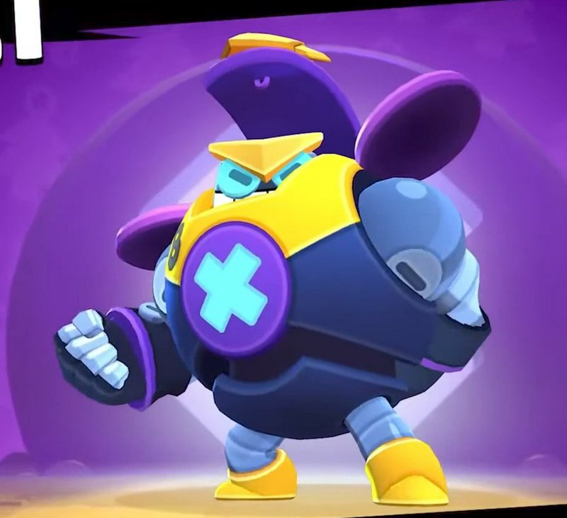 Cartoon battle robot with yellow and purple armor and a glowing blue cross emblem