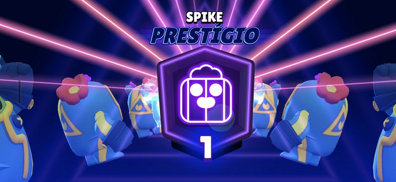 Neon purple hex badge with a white icon, "SPIKE PRESTIGIO" title, surrounded by blue armored char...