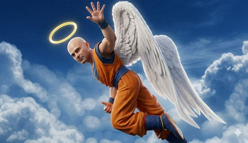 Angelic superhero in orange martial arts outfit with halo and white wings soaring above clouds.