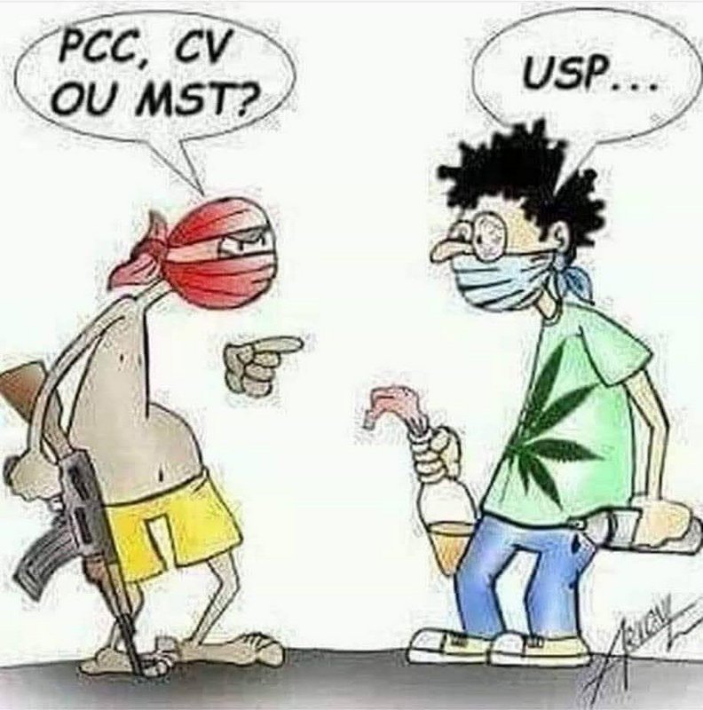 Brazilian satirical cartoon: an armed gang member asks a student which criminal faction he joins;...