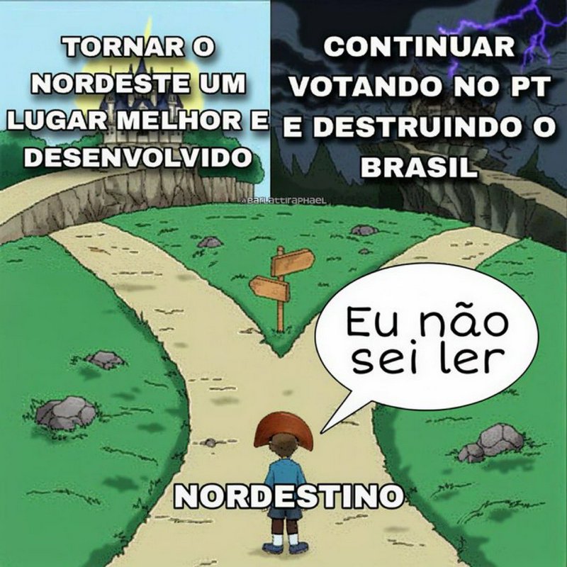 "Viral Brazilian political meme: A Nordestino character at a cartoon crossroads, unable to read t...