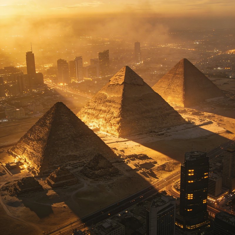 Aerial view of the pyramids at sunset with the Cairo skyline in the distance.