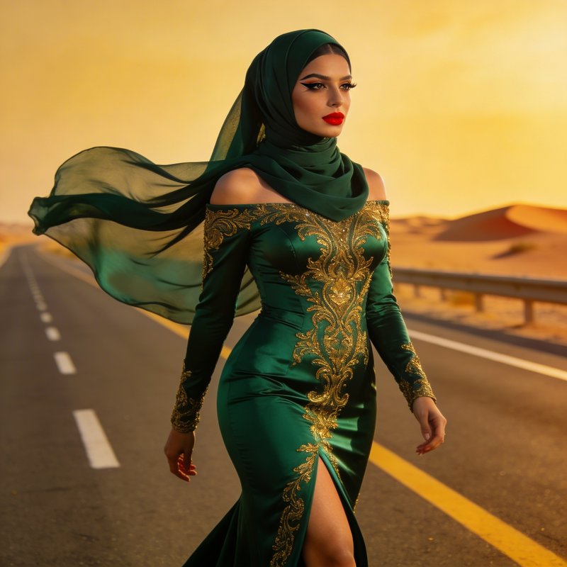 Woman in emerald green gown with gold embroidery wearing a hijab, walking on a desert highway.