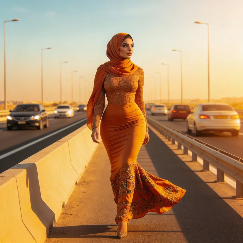 Woman in orange hijab and gown walking on a sunset-lit highway walkway.