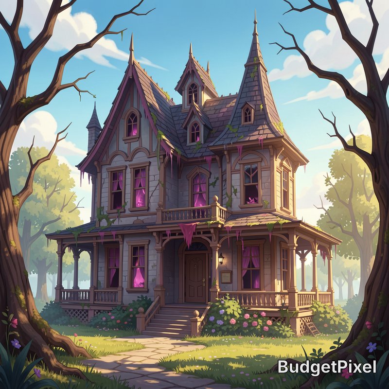 Cartoon whimsical gothic Victorian haunted house with glowing pink windows, framed by bare trees ...