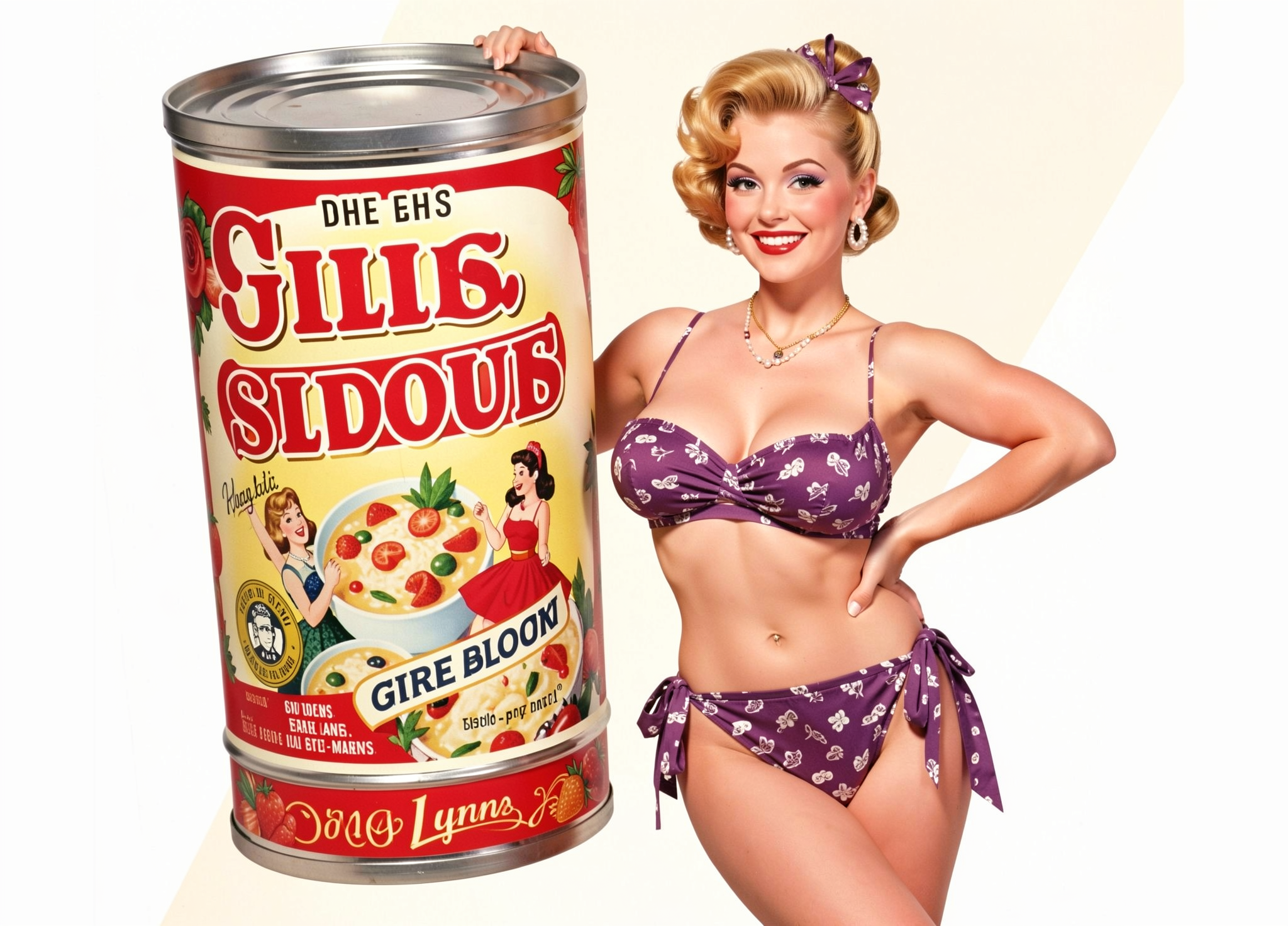 Retro blonde pinup woman in purple bikini poses next to a giant vintage canned food with garbled AI-generated label text