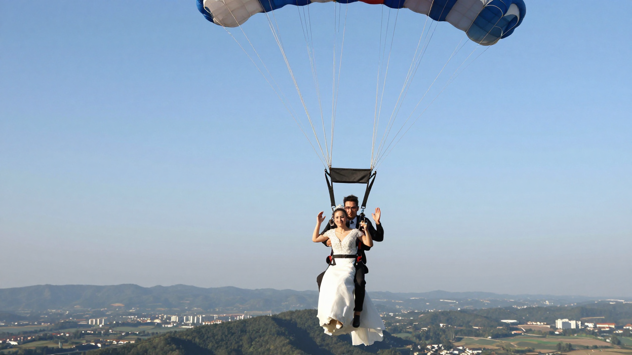 Newlywed bride in a wedding dress and groom wave while descending tandem under a parachute above a sunlit rural landscape.