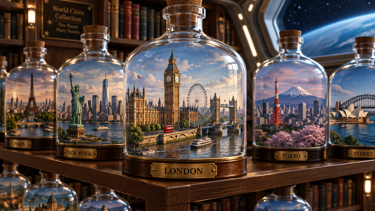 Corked glass bottles holding detailed miniature world city dioramas line a wooden shelf
