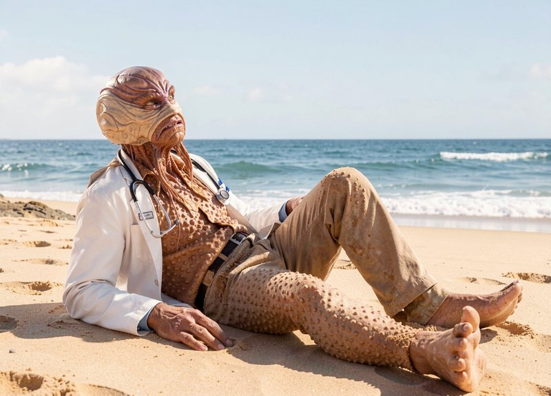 [Aquatic humanoid alien in a doctor lab coat reclines on a sunny sandy beach beside ocean waves]