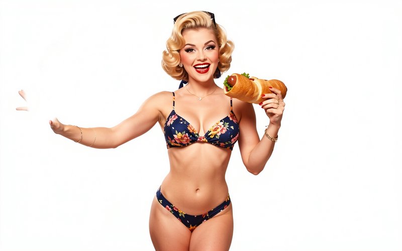 Smiling retro pinup woman in a floral bikini holds a giant hot dog, gesturing cheerfully against a plain white background