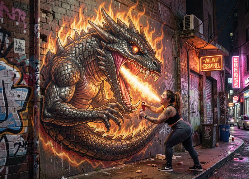 Tattooed female street artist appears to breathe fire matching a massive fiery dragon graffiti mural on a neon-lit