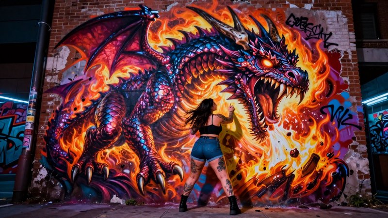 Tattooed female street artist stands before a massive vivid fire-breathing dragon graffiti mural on a red brick alley wall