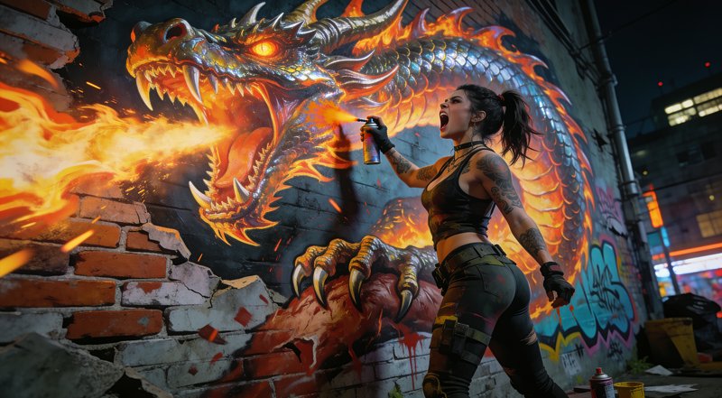 Tattooed female street artist spray painting a luminous fire-breathing metallic dragon mural on a crumbling brick city wal...