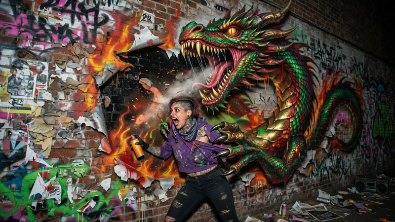 Startled tattooed graffiti artist holds a spray can as a menacing green and gold dragon bursts through a graffiti-covered ...