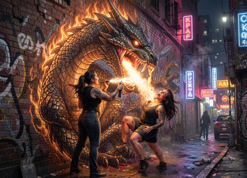 Tattooed street artist's 3D fire dragon mural appears to come alive breathing fire at a woman in a rainy neon city alley.