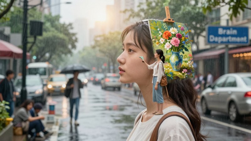 [Surreal composite portrait of a young woman on a rainy city street, with a tiny painter and floral easel beside her head]