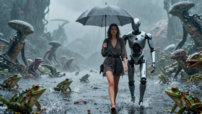 [Woman holding an umbrella walks through a rainy alien swamp alongside a silver humanoid robot, surrounded by oversized am...