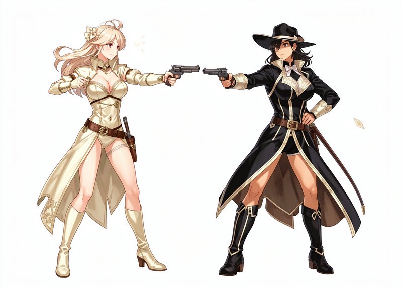 Two anime female gunslingers face off pointing revolvers at each other in a standoff on a plain w...
