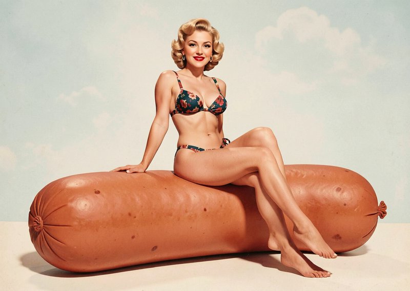 Retro 1950s pinup woman in a floral bikini sits smiling on an oversized giant sausage float again...