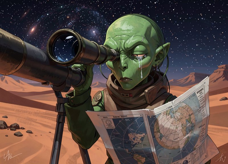Tearful green alien explorer looks through a large telescope while holding a navigation map in a ...