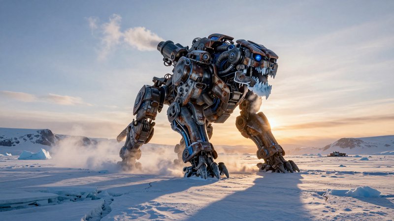 Weathered steampunk robotic wolf mech stands on cracked arctic sea ice, steam venting from its fr...