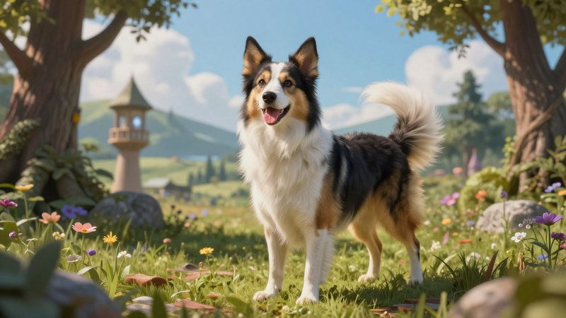 Happy fluffy tricolor border collie stands panting in a sunlit wildflower meadow, stylized animat...