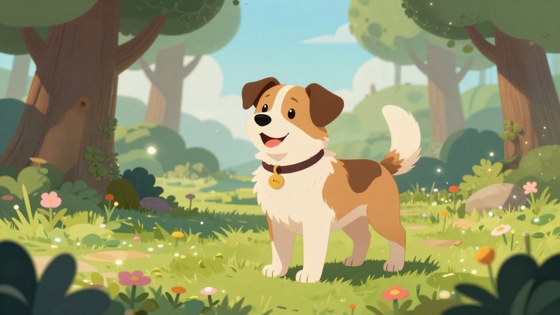 Smiling fluffy brown and white cartoon dog stands happily in a sunlit whimsical forest meadow ful...