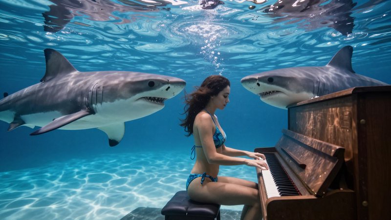 Woman in a blue bikini plays an upright piano underwater, flanked by two calm great white sharks.