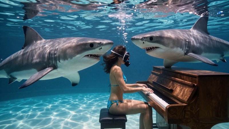 Woman in a snorkel mask plays grand piano underwater, flanked by two large great white sharks in ...
