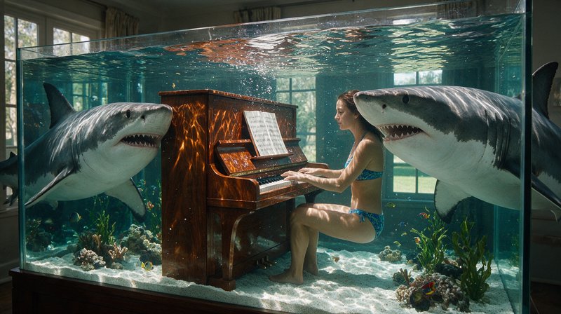 Surreal scene of a woman playing piano inside a giant aquarium, flanked by two great white sharks
