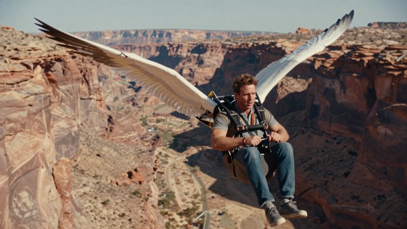 Man wearing a feathered wing flight rig soars high above a vast sunlit red rock desert canyon.