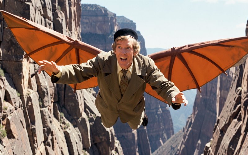 Excited man with homemade orange glider wings soars mid-flight above steep rocky canyon cliffs