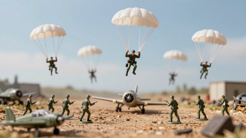 Miniature diorama of plastic toy army men with descending paratroopers over a sandy military airf...